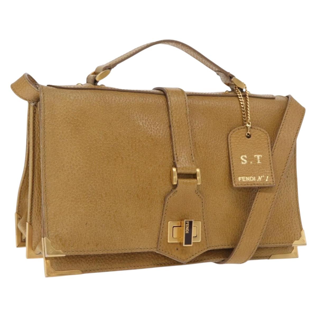 FENDI Hand Bag Leather 2way Brown Gold Auth 158141
