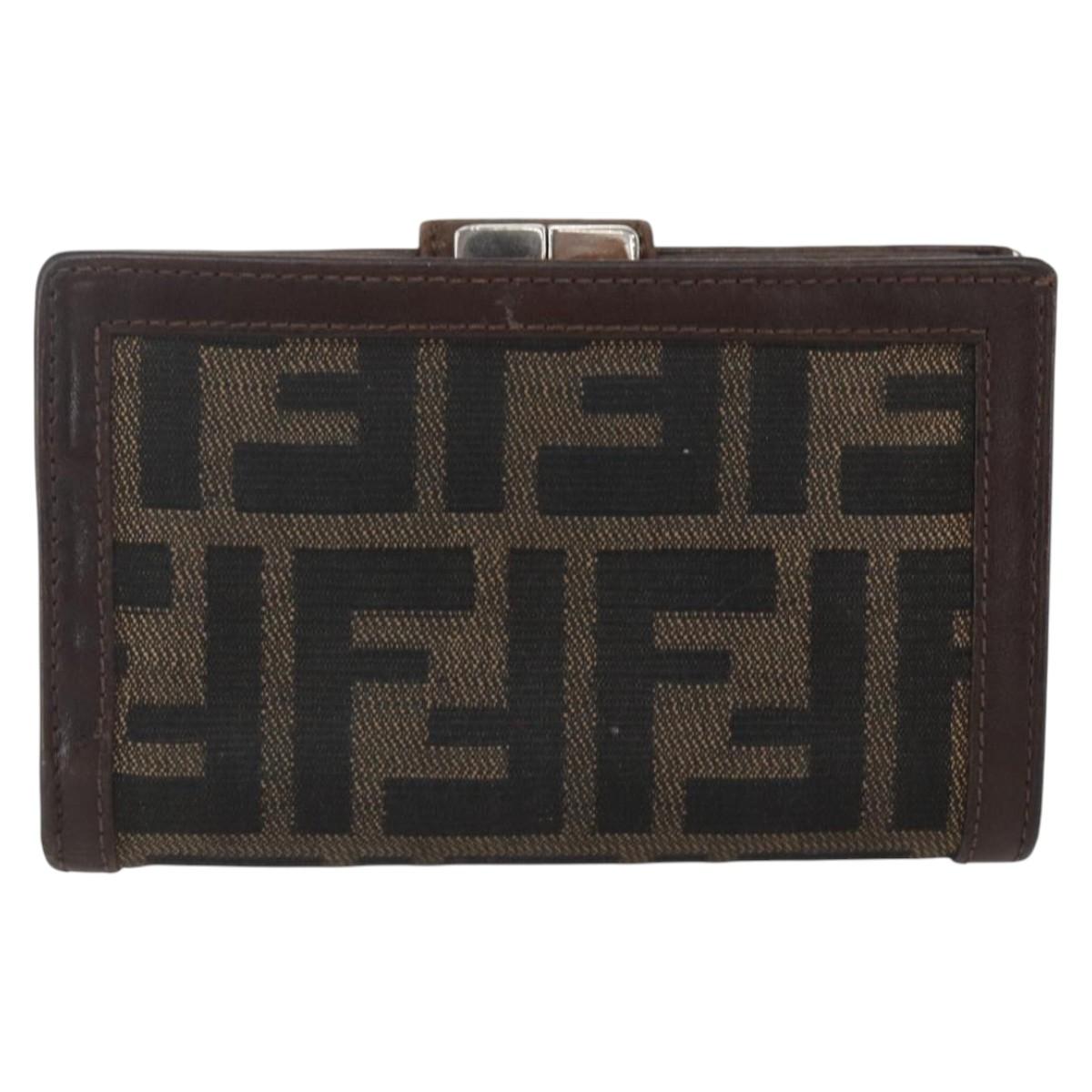 FENDI Zucca Canvas Compact Wallet Black Brown Silver Auth 158172