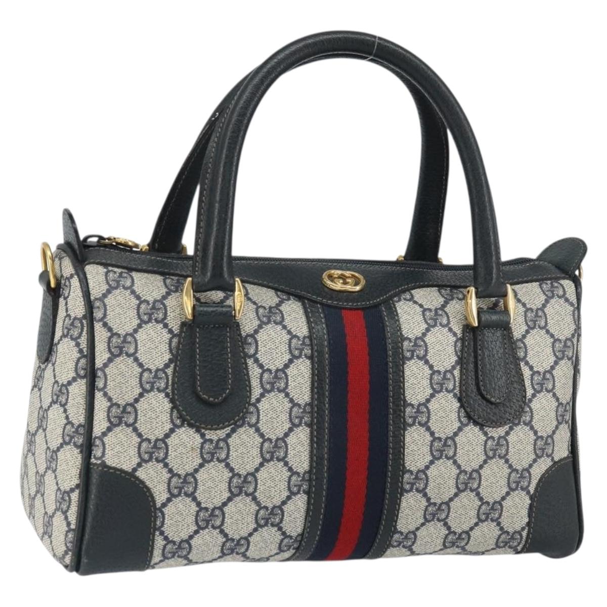 GUCCI GG Supreme Sherry Line Boston Bag PVC Navy Gold Auth 158204