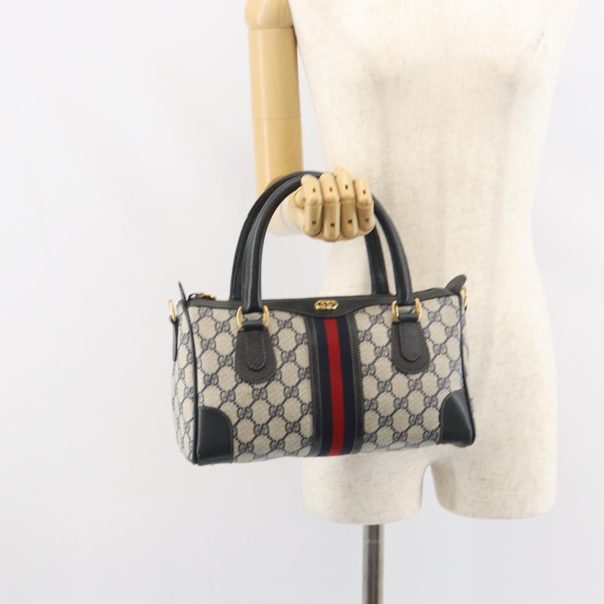 GUCCI GG Supreme Sherry Line Boston Bag PVC Navy Gold Auth 158204