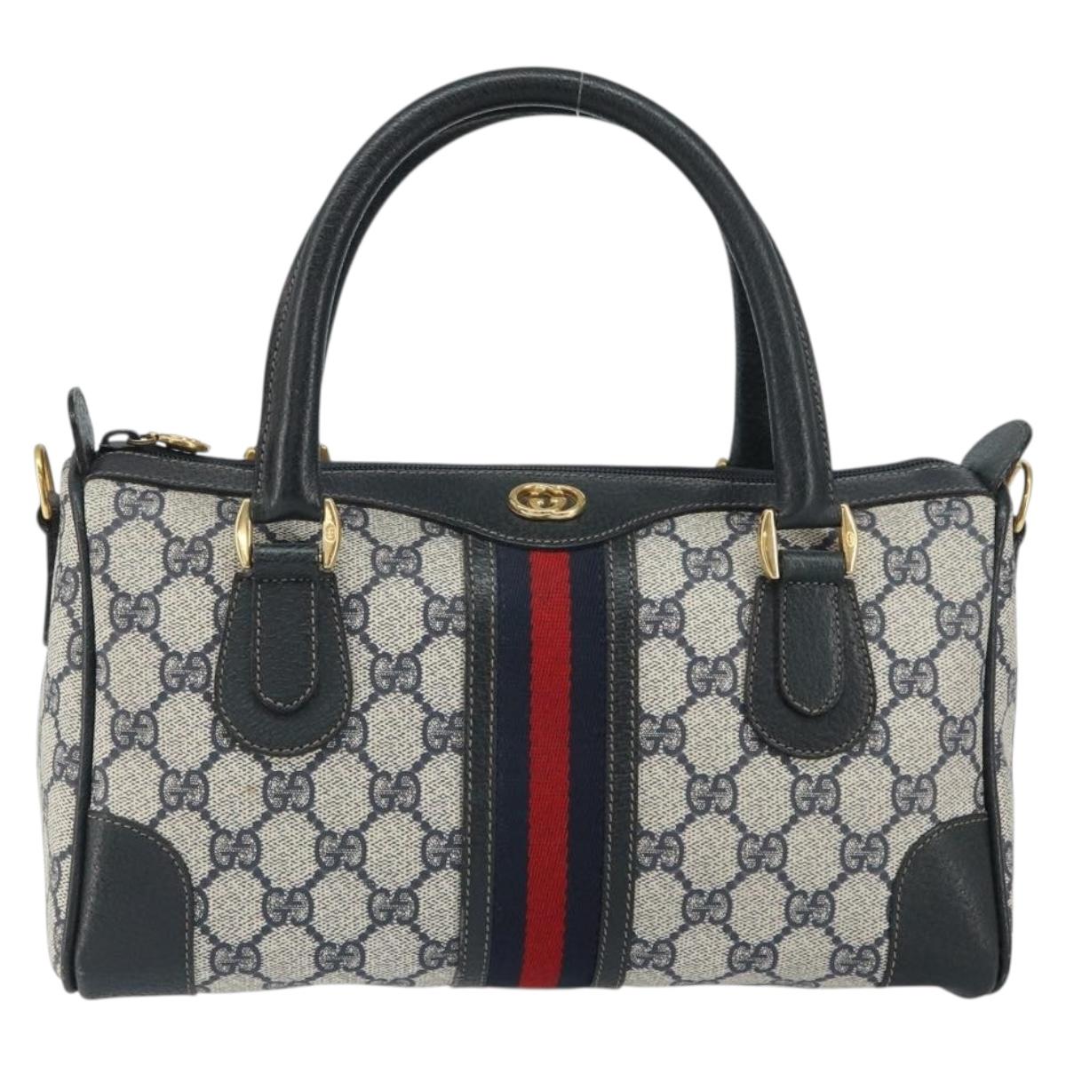 GUCCI GG Supreme Sherry Line Boston Bag PVC Navy Gold Auth 158204
