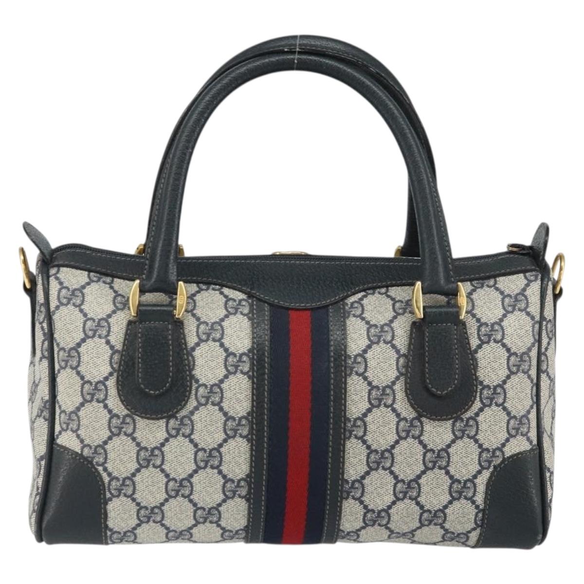 GUCCI GG Supreme Sherry Line Boston Bag PVC Navy Gold Auth 158204