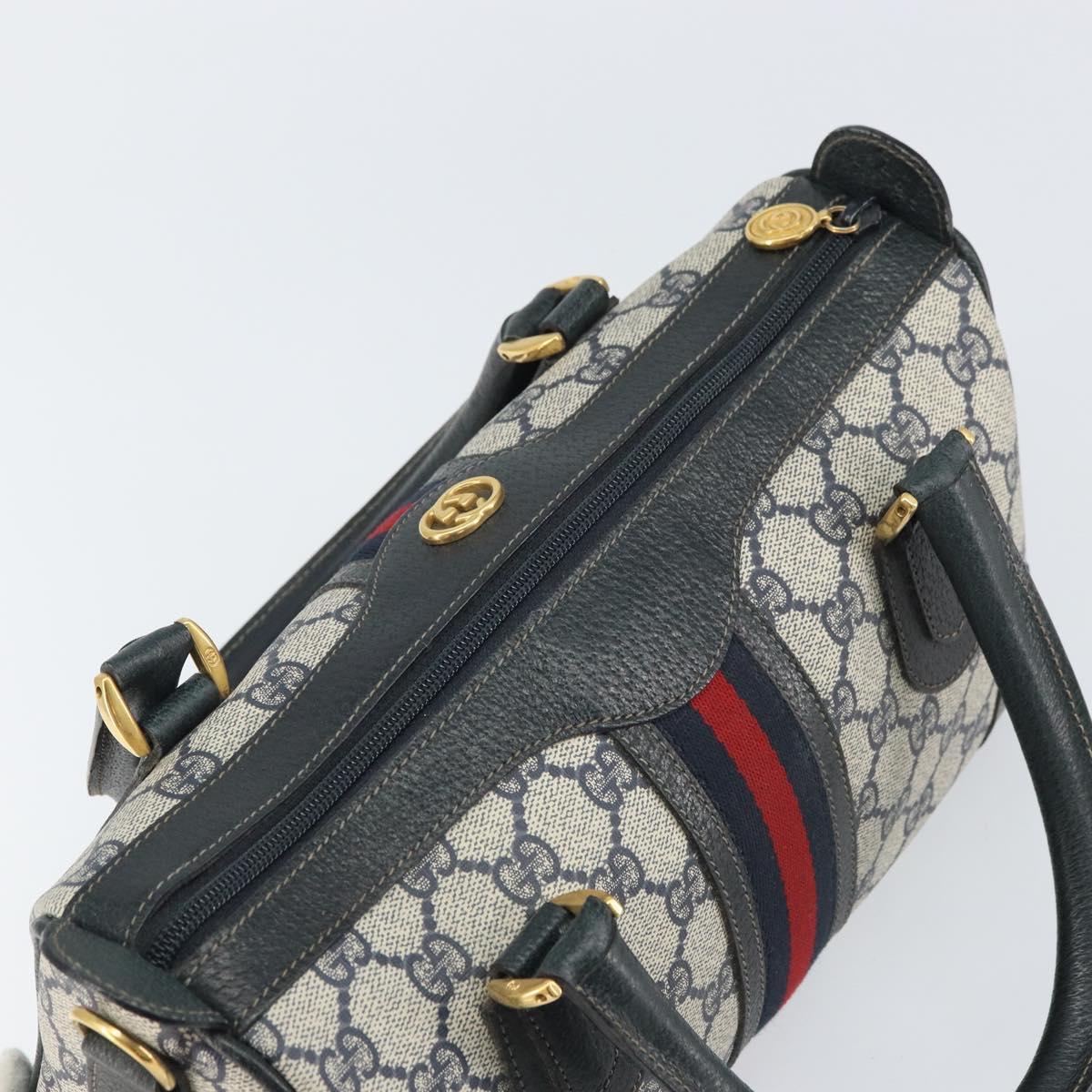 GUCCI GG Supreme Sherry Line Boston Bag PVC Navy Gold Auth 158204
