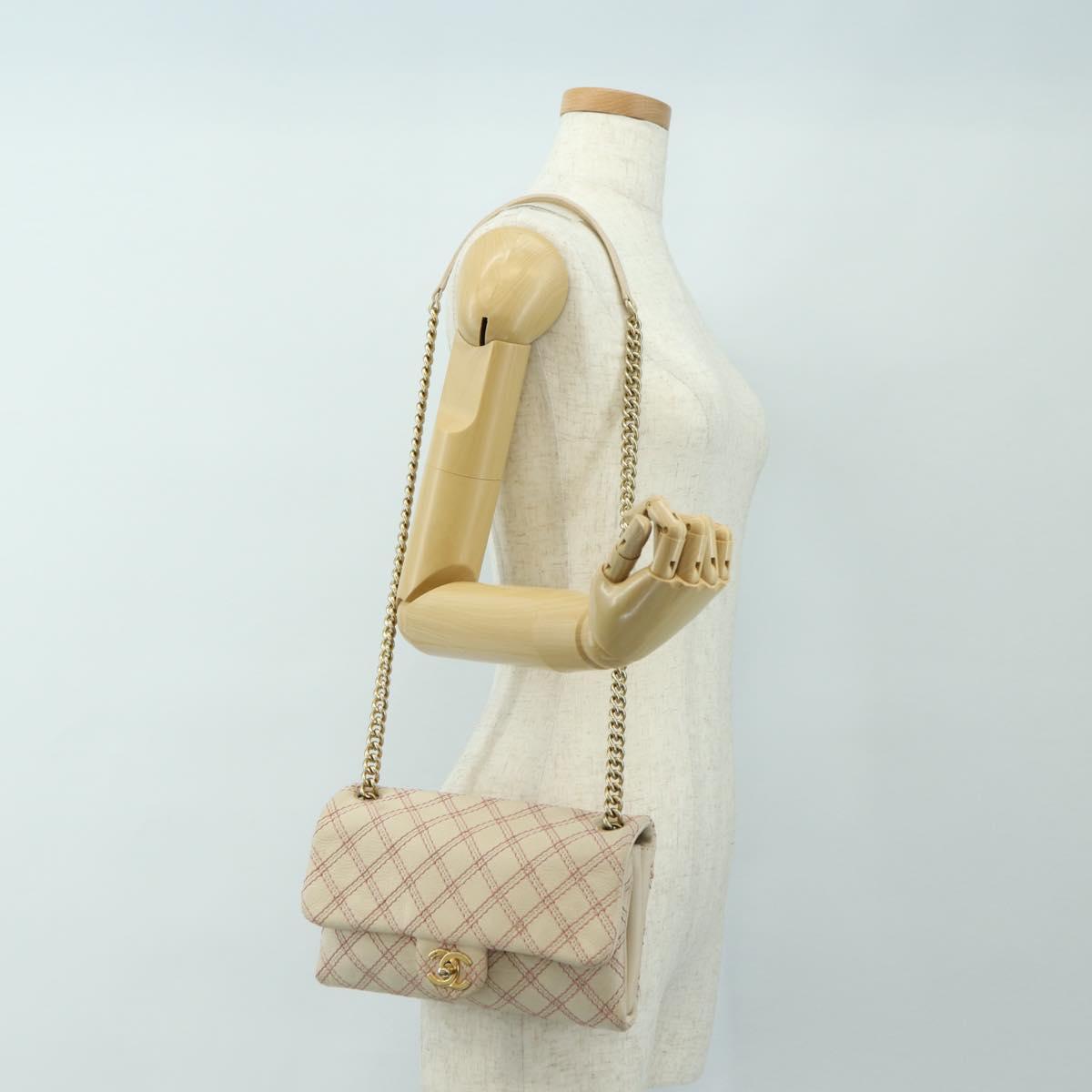 CHANEL Wild Stitch Chain Shoulder Bag Calf Skin Beige Gold CC Auth 158224SAV