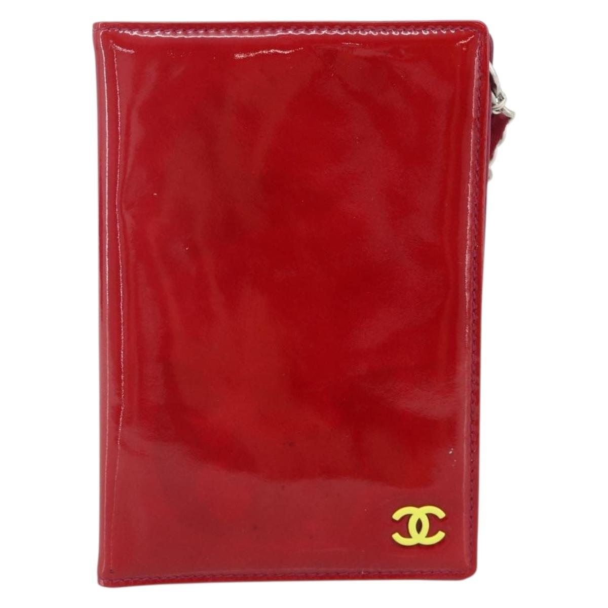 CHANEL Card Case Patent leather Red Silver CC Auth 158226A