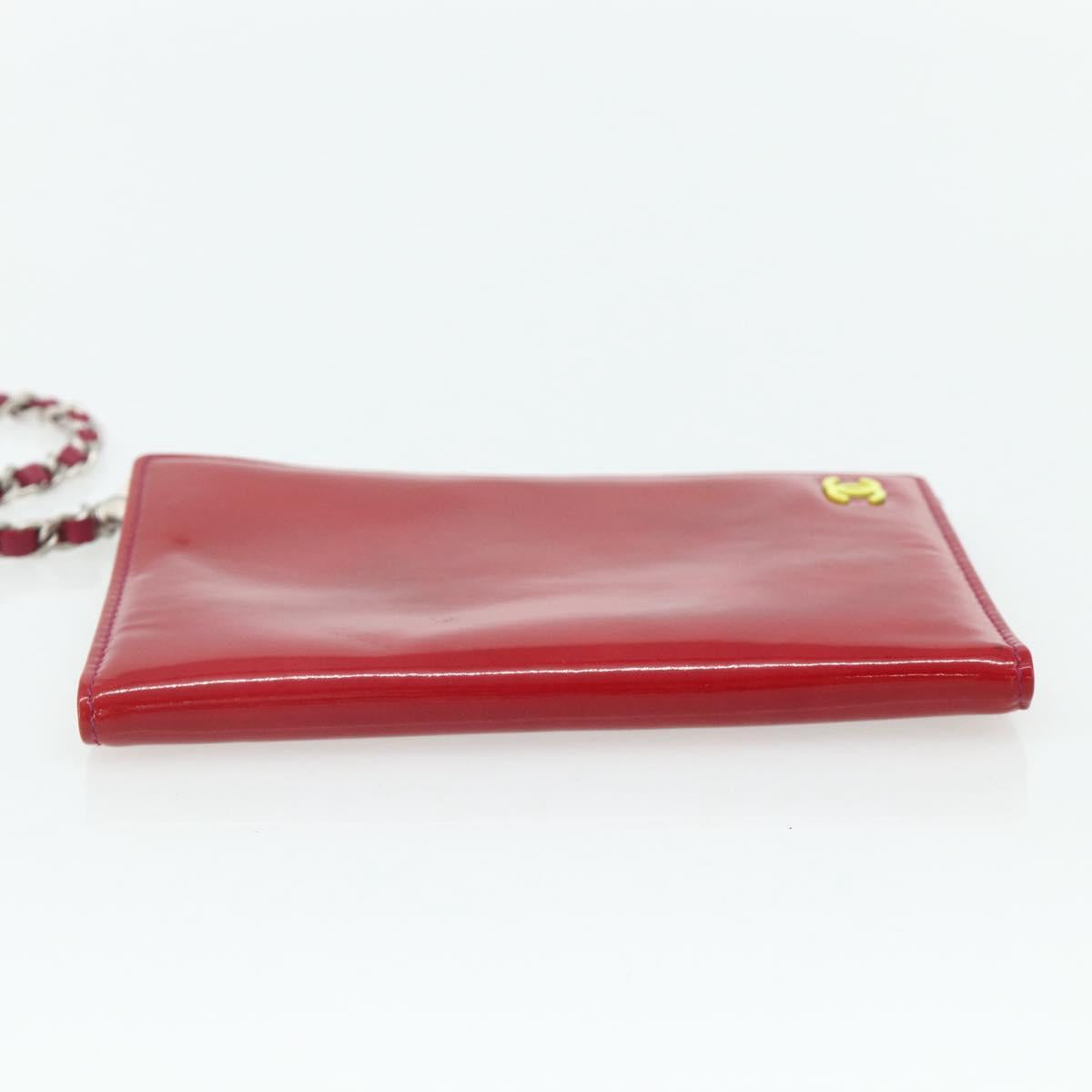 CHANEL Card Case Patent leather Red Silver CC Auth 158226A