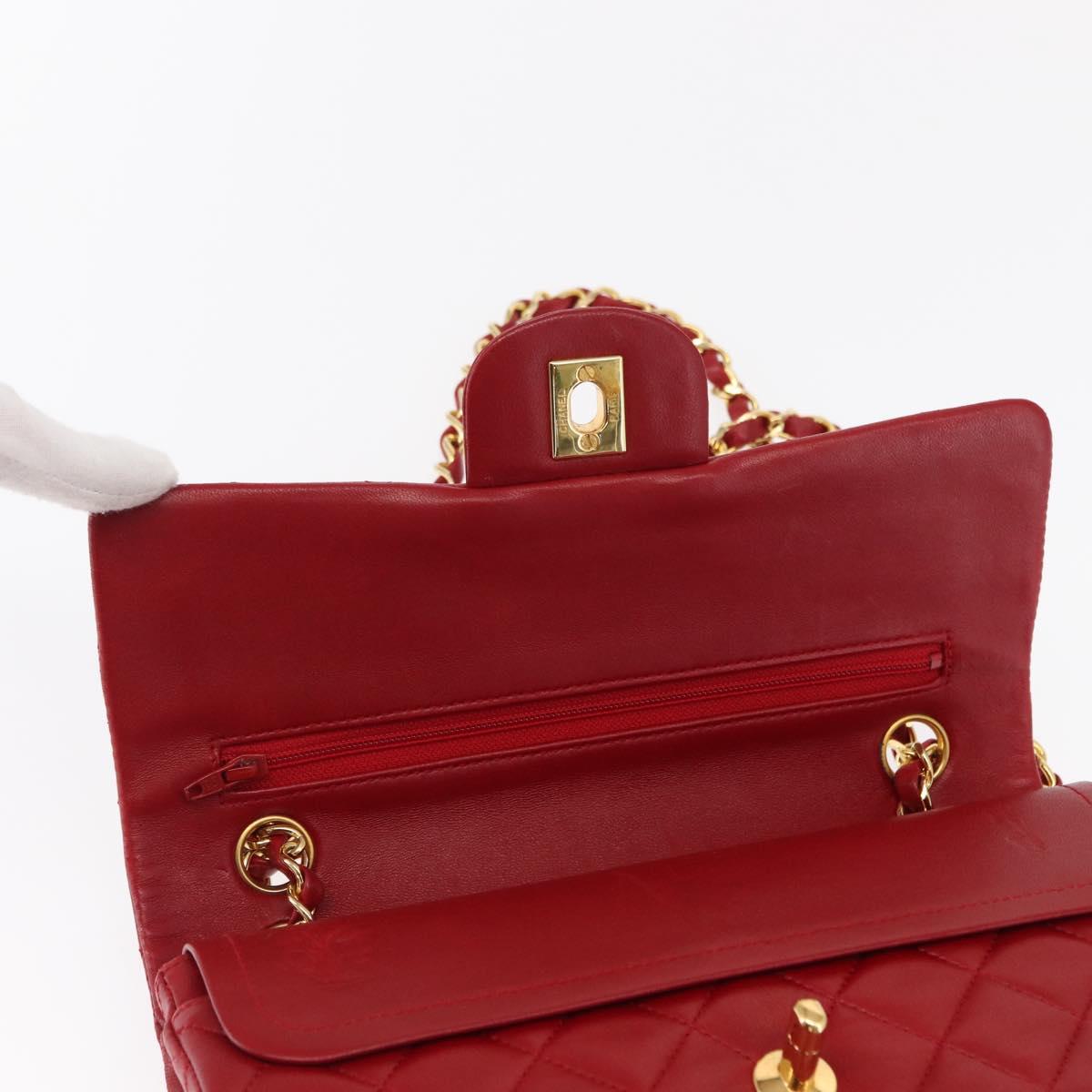CHANEL Chain Double Flap Matelasse 23 Bag Lamb Skin Red Gold CC Auth 158356SAM