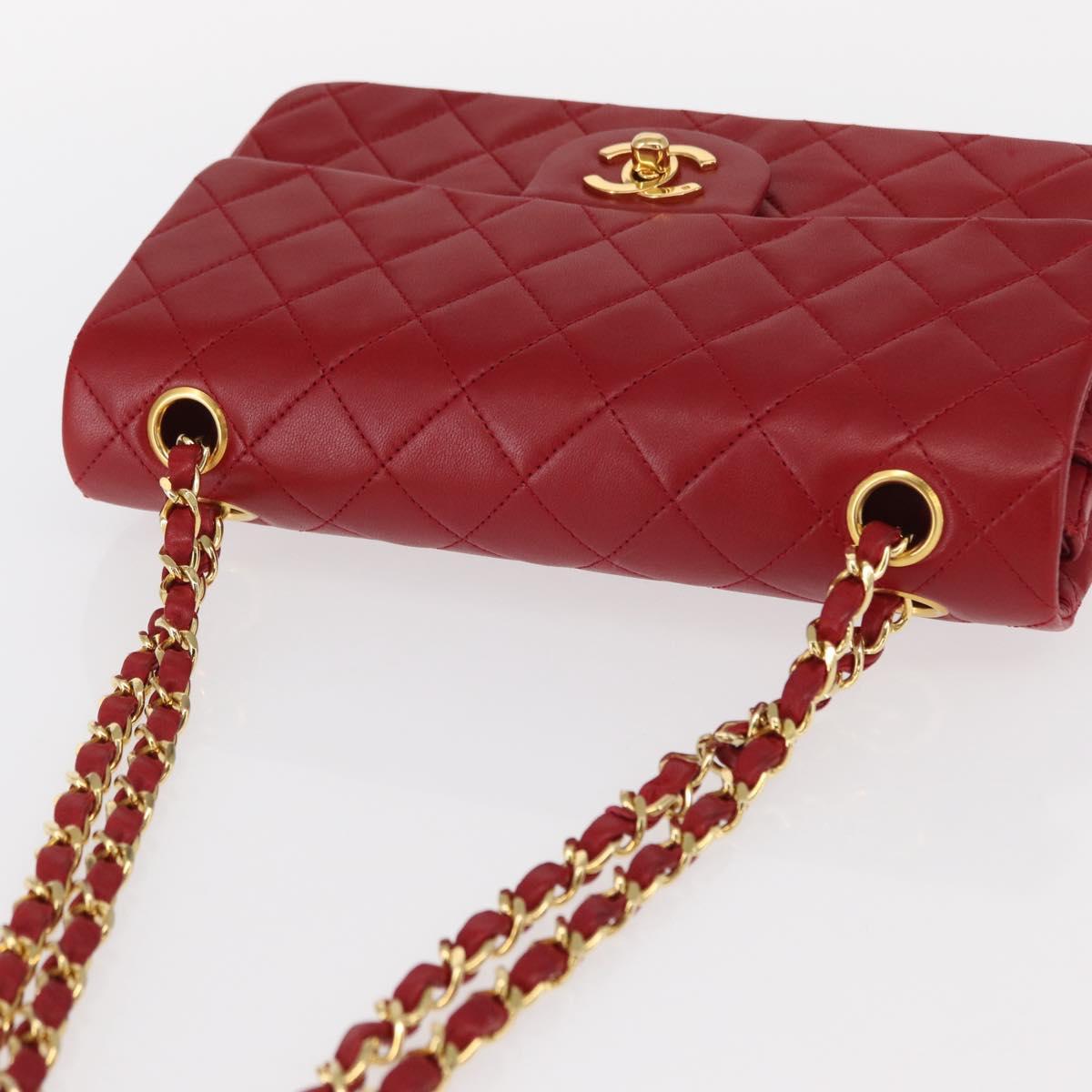 CHANEL Chain Double Flap Matelasse 23 Bag Lamb Skin Red Gold CC Auth 158356SAM
