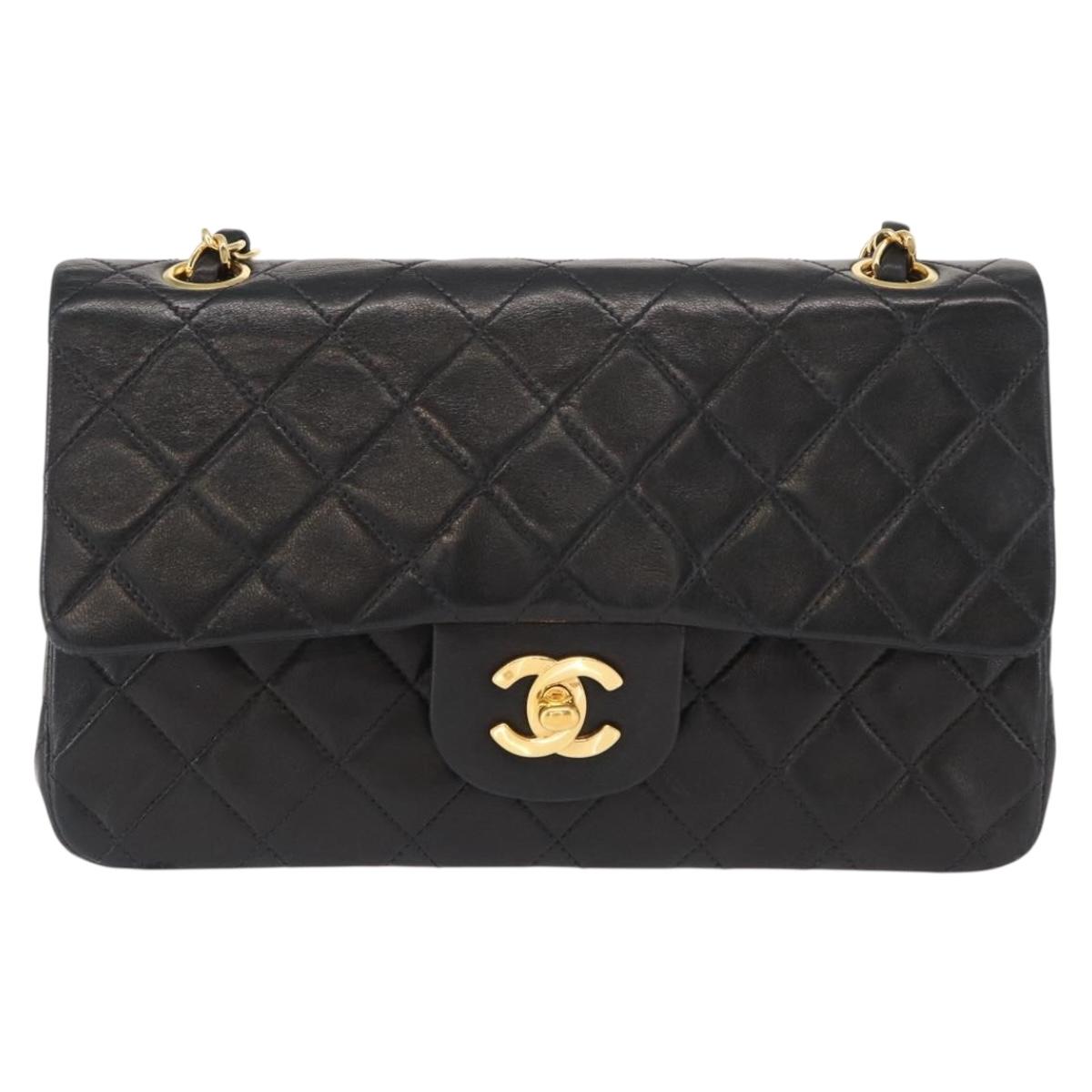 CHANEL Chain Double Flap Matelasse 23 Bag Lamb Skin Black Gold CC Auth 158357SM