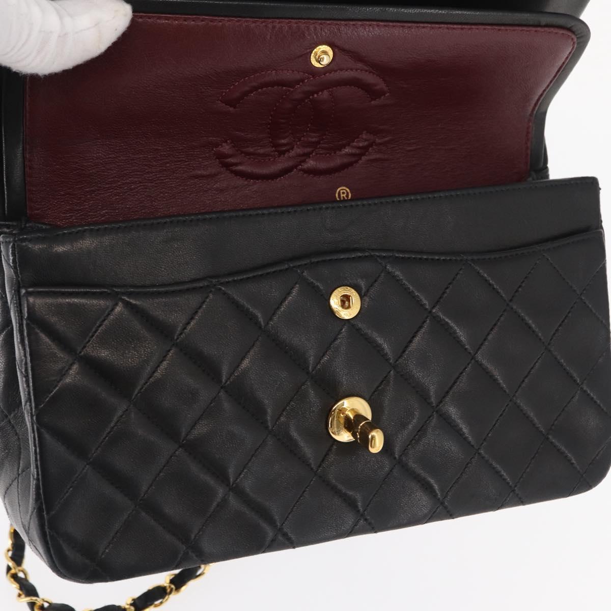 CHANEL Chain Double Flap Matelasse 23 Bag Lamb Skin Black Gold CC Auth 158357SM