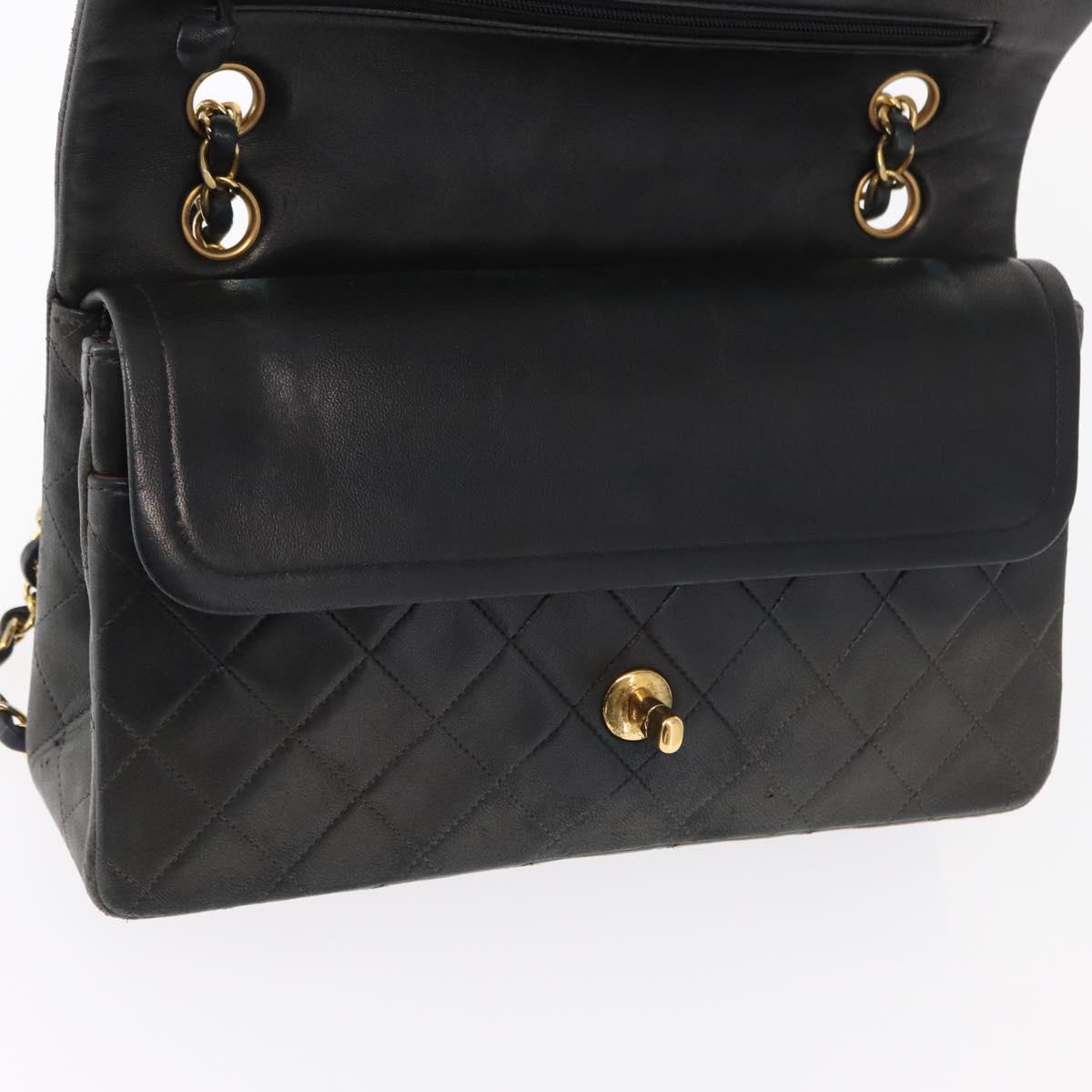 CHANEL Matelasse 25 Double Flap Chain Bag Lamb Skin Navy Gold CC Auth 158358SAV