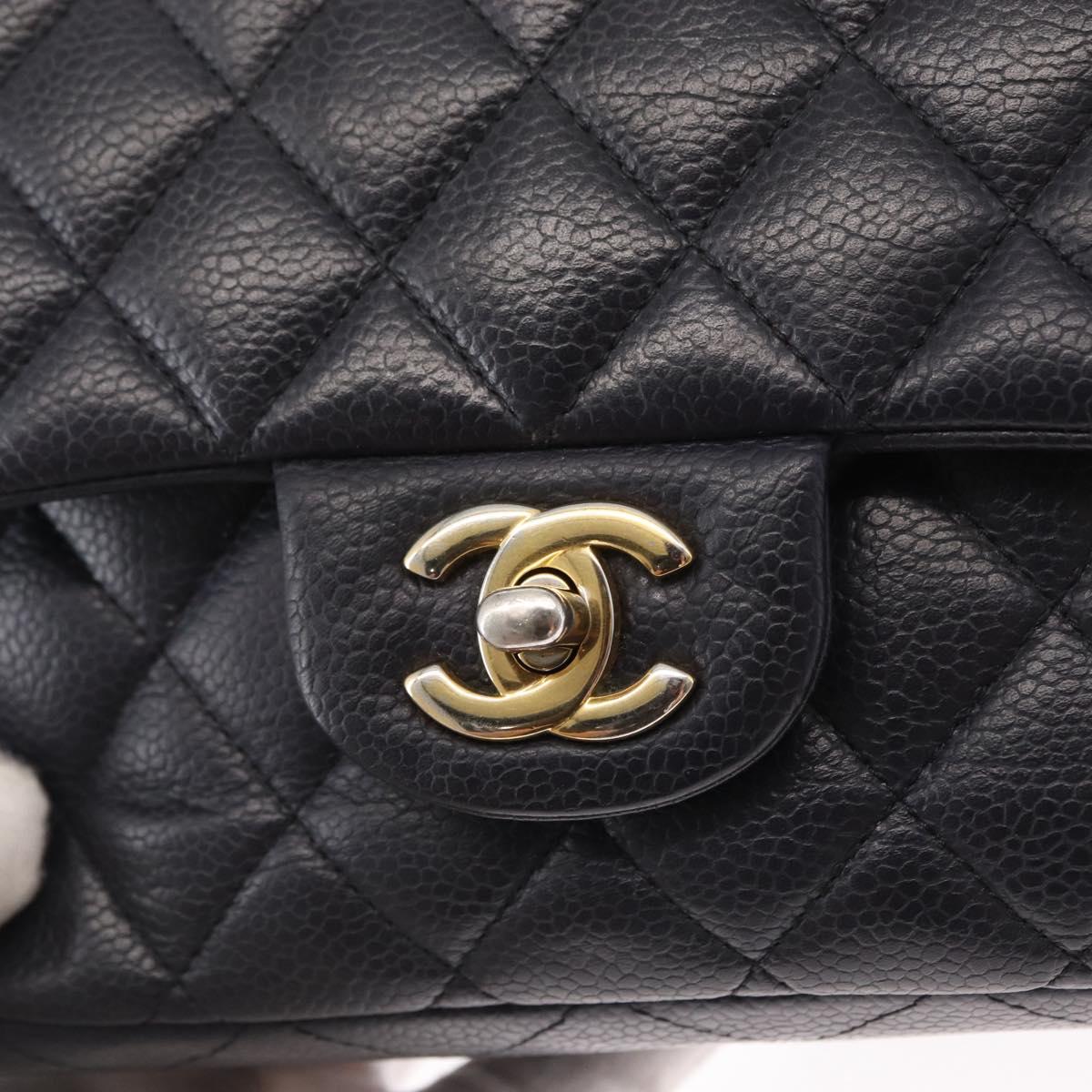CHANEL Matelasse 25 Double Flap Chain Bag Caviar Skin Navy Gold CC Auth 158359SM