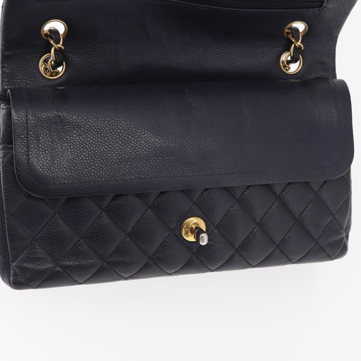 CHANEL Matelasse 25 Double Flap Chain Bag Caviar Skin Navy Gold CC Auth 158359SM