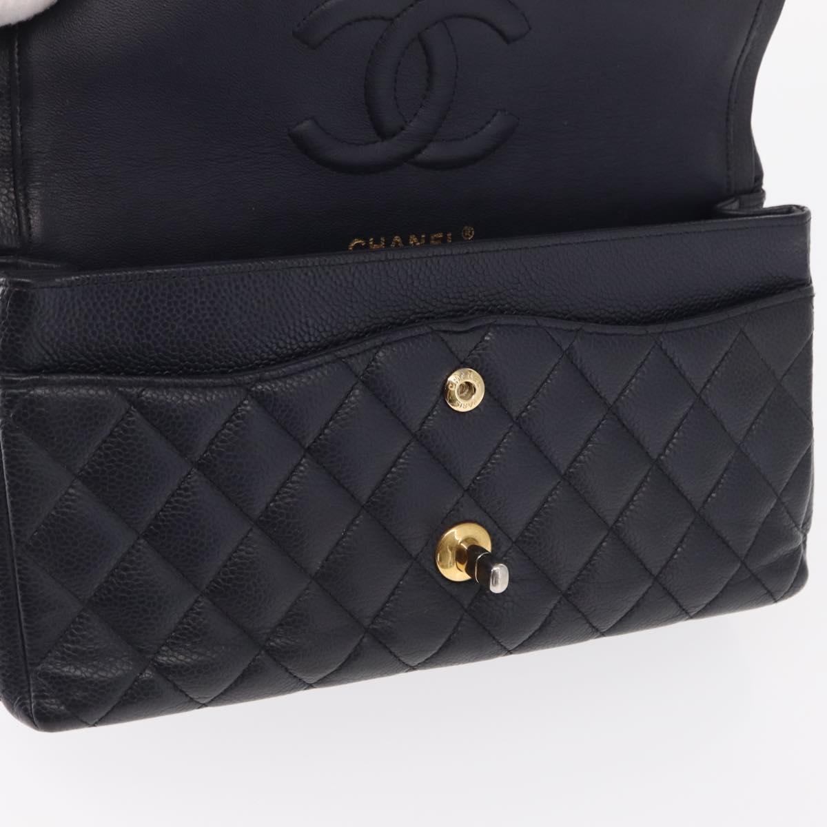 CHANEL Matelasse 25 Double Flap Chain Bag Caviar Skin Navy Gold CC Auth 158359SM