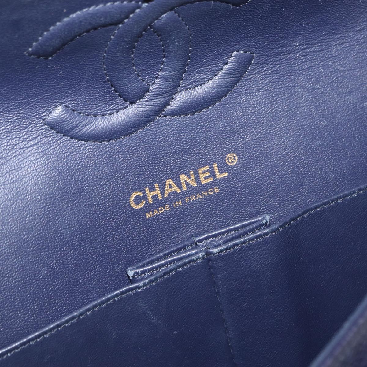 CHANEL Matelasse 25 Double Flap Chain Bag Caviar Skin Navy Gold CC Auth 158359SM