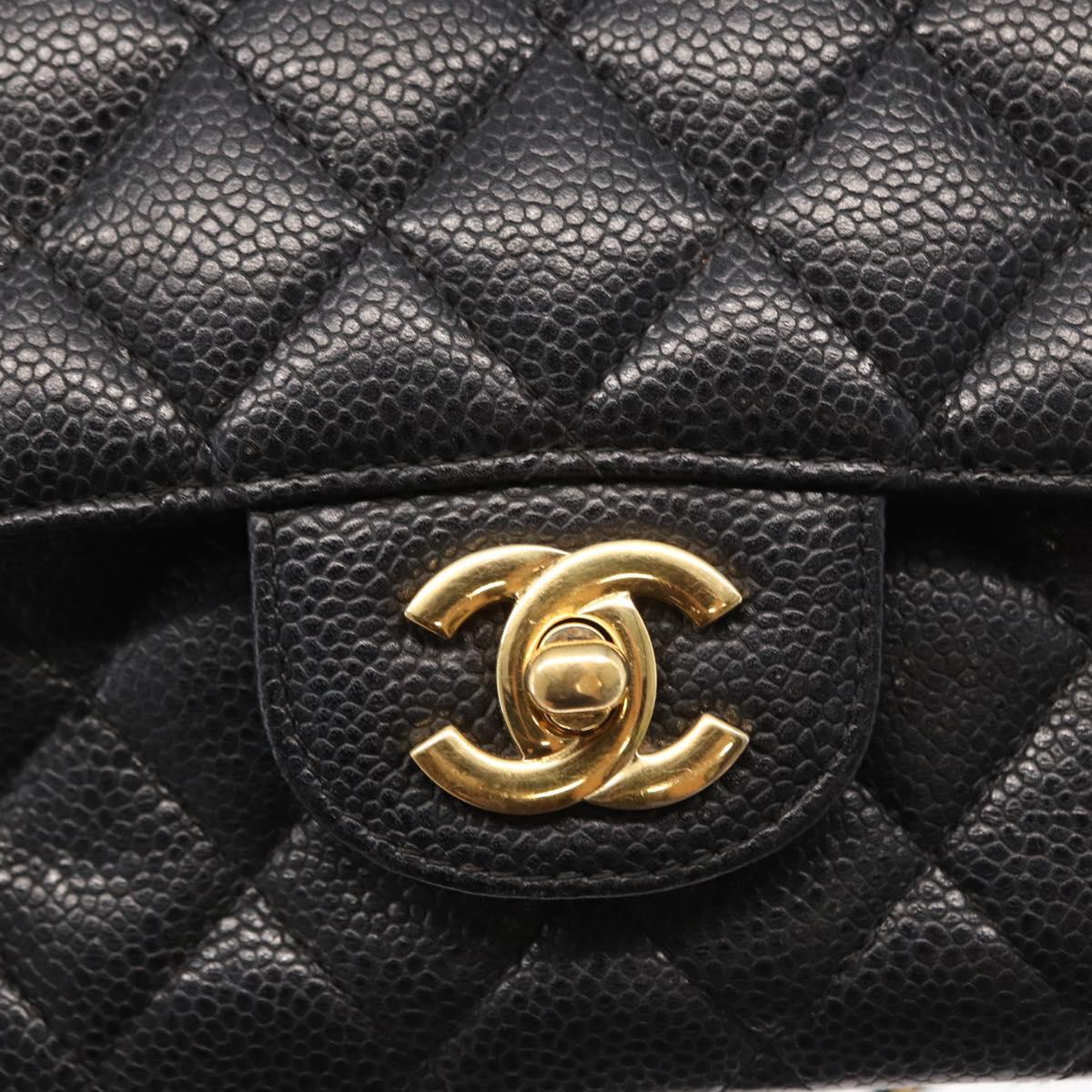 CHANEL Matelasse 25 Double Flap Chain Bag Caviar Skin Black CC Auth 158360SM