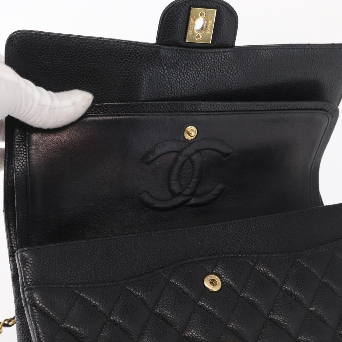 CHANEL Matelasse 25 Double Flap Chain Bag Caviar Skin Black CC Auth 158360SM