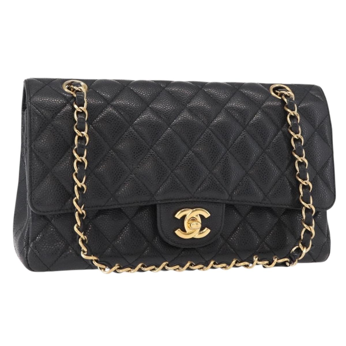 CHANEL Matelasse 25 Double Flap Chain Bag Caviar Skin Black CC Auth 158360SM