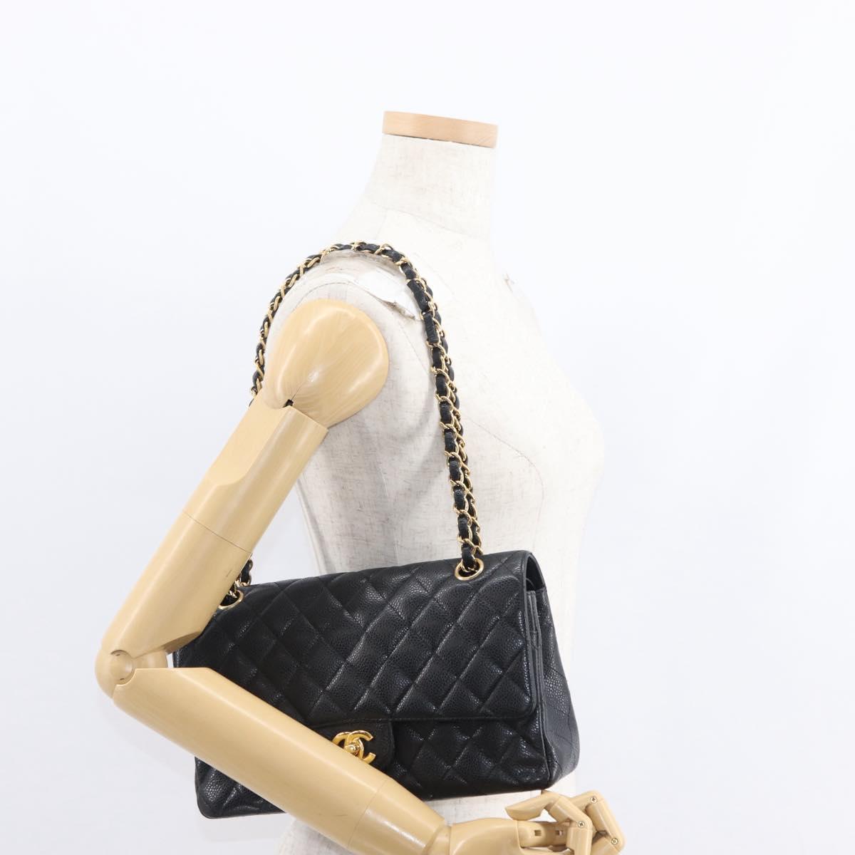 CHANEL Matelasse 25 Double Flap Chain Bag Caviar Skin Black CC Auth 158360SM