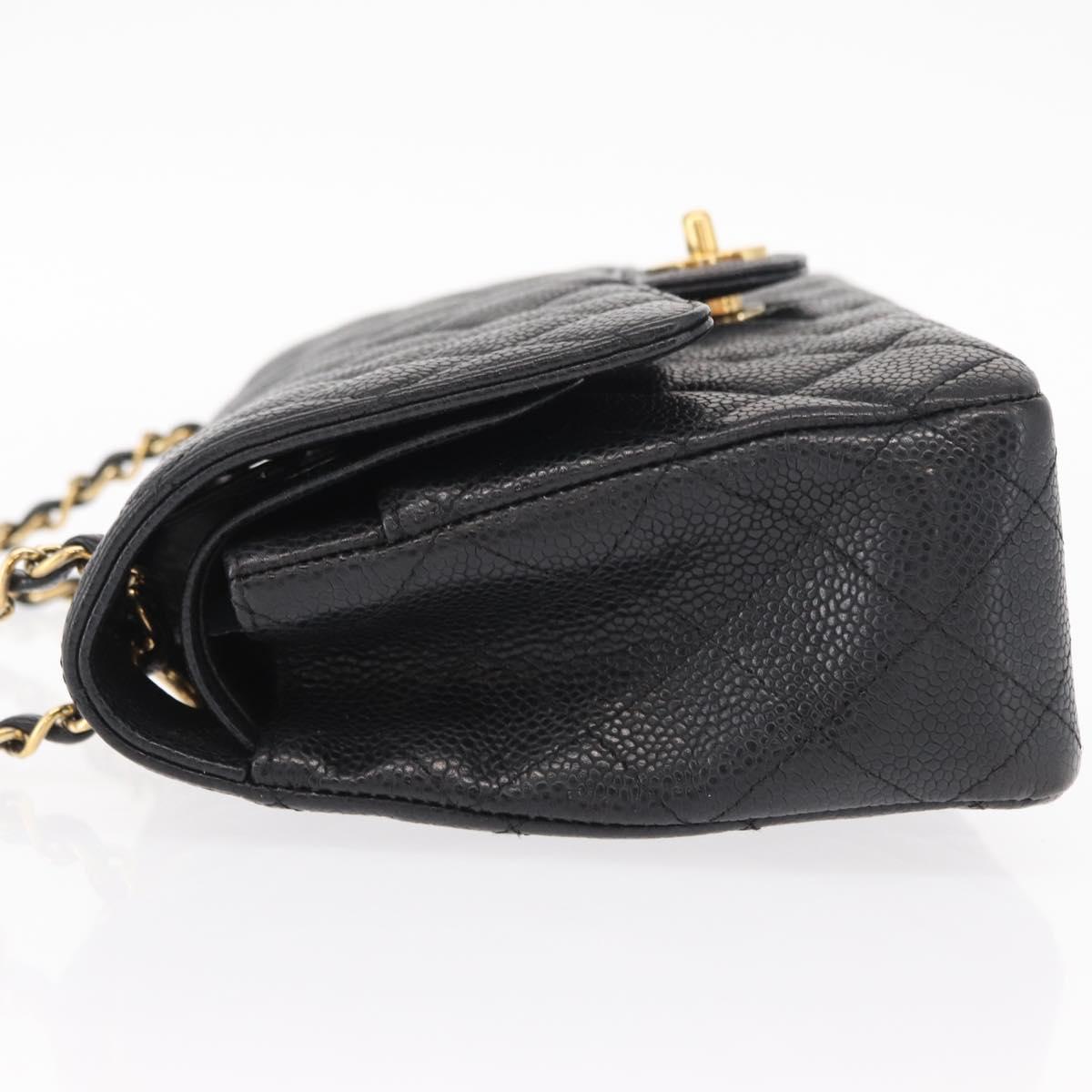 CHANEL Matelasse 25 Double Flap Chain Bag Caviar Skin Black CC Auth 158360SM