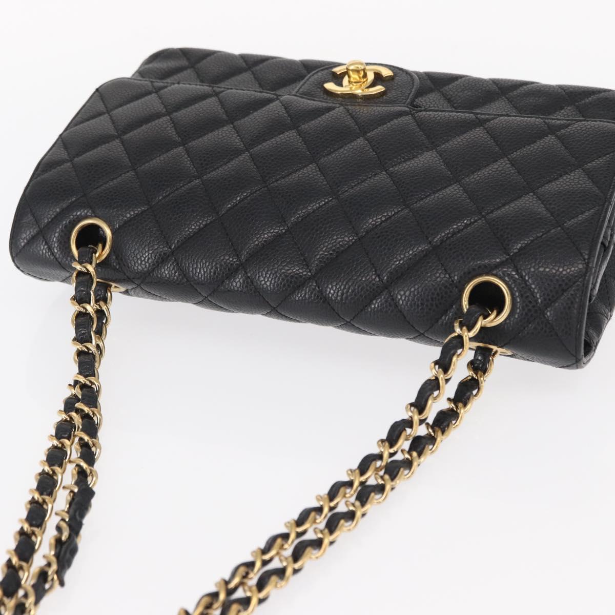 CHANEL Matelasse 25 Double Flap Chain Bag Caviar Skin Black CC Auth 158360SM