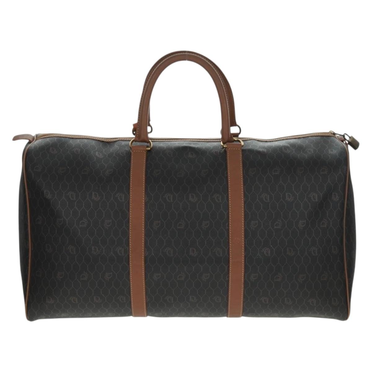 Christian Dior Honeycomb Canvas Boston Bag PVC Black Gold Auth 158369