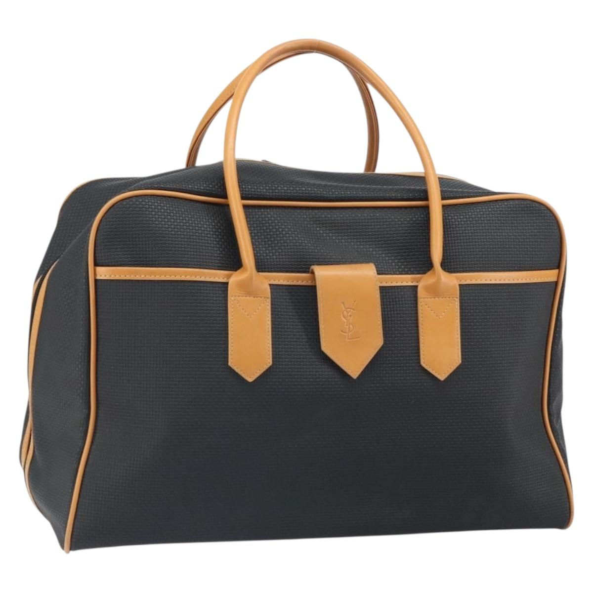 SAINT LAURENT Boston Bag PVC Canvas Black Brown gold Auth 158370