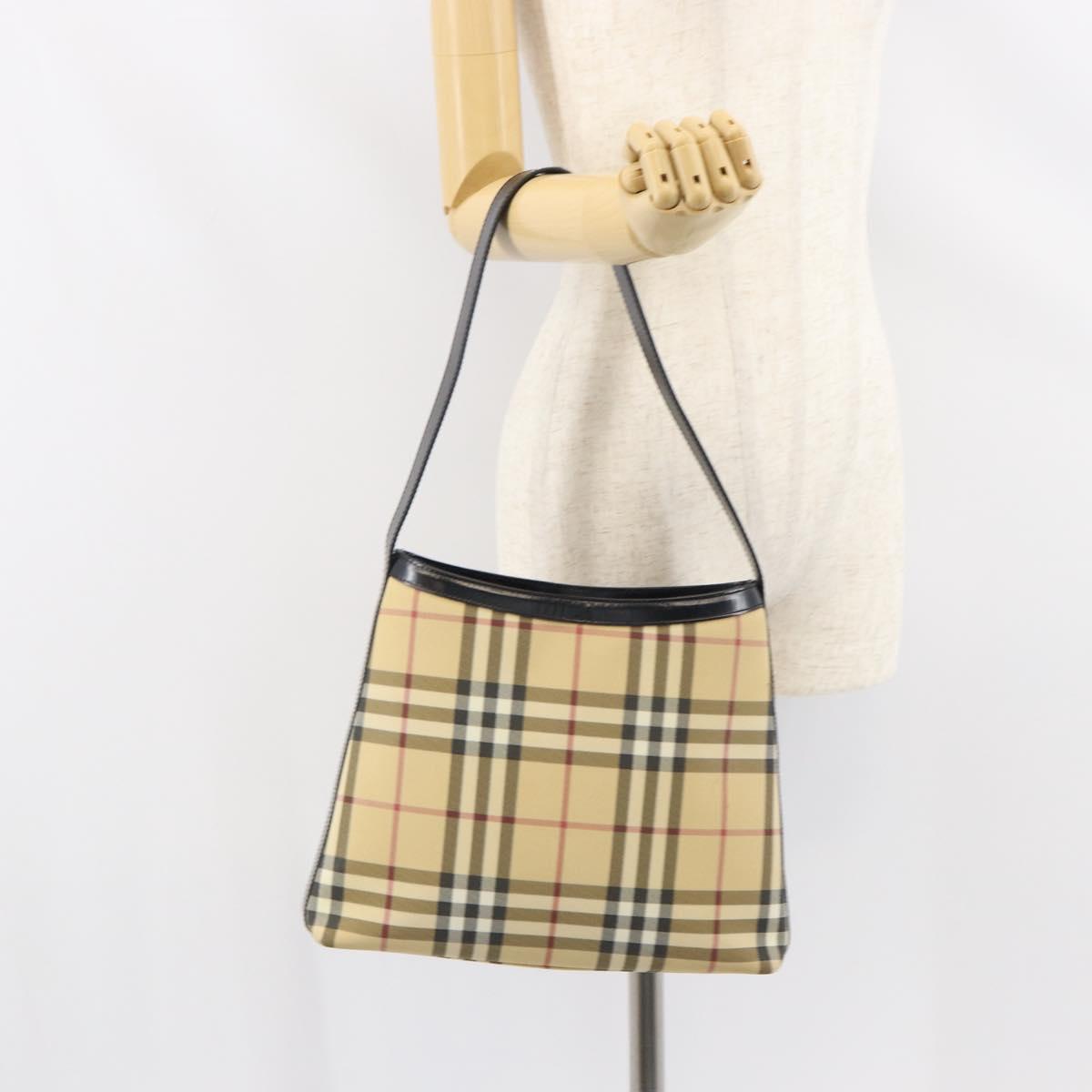 BURBERRY Nova Check Shoulder Bag PVC Beige Silver Auth 158373