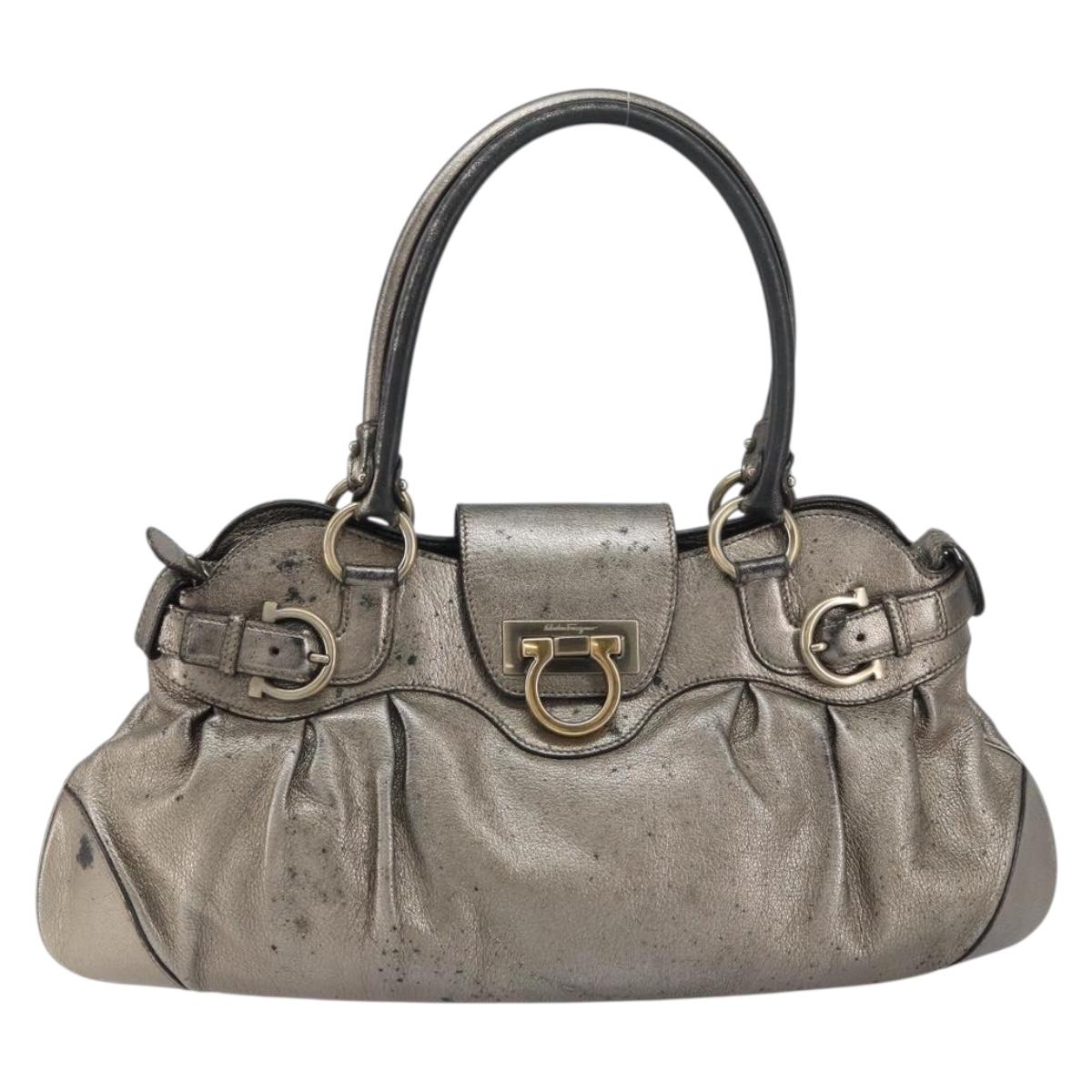 Salvatore Ferragamo Gancini Tote Bag Leather Brown Gold Auth 158376