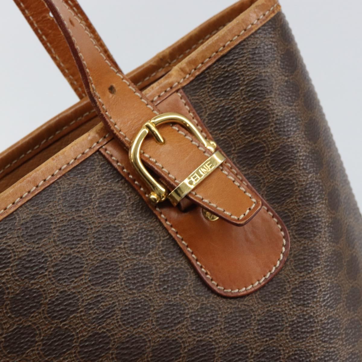CELINE Macadam Canvas Tote Bag PVC Leather Brown Gold Auth 158377