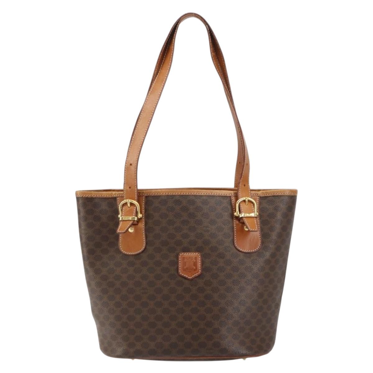 CELINE Macadam Canvas Tote Bag PVC Leather Brown Gold Auth 158377