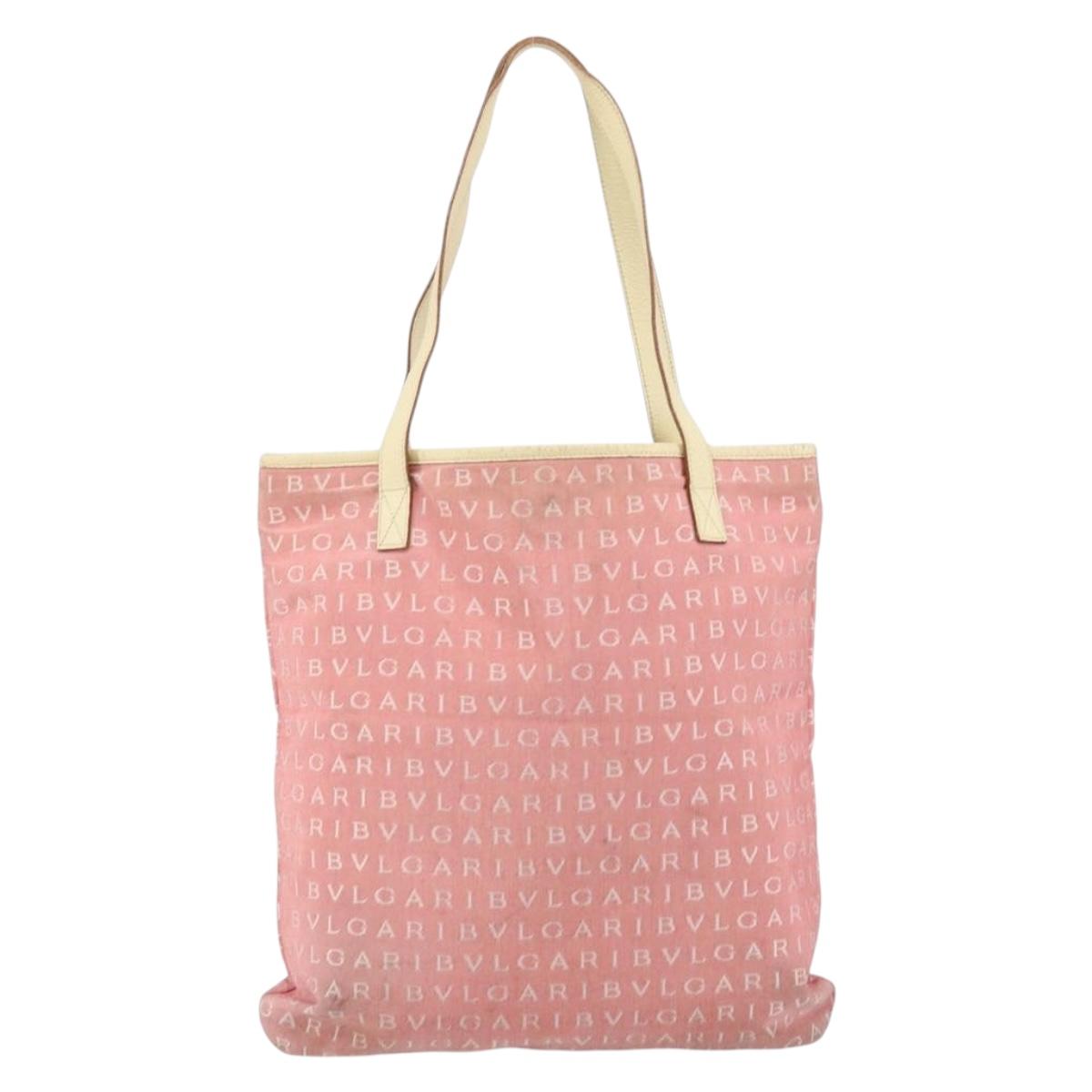 BVLGARI Logo Mania Tote Bag Canvas Pink Silver Auth 158388