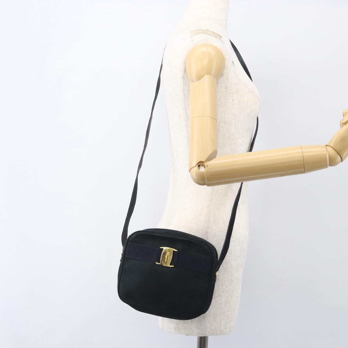 Salvatore Ferragamo Shoulder Bag Suede Navy Gold Auth 158402