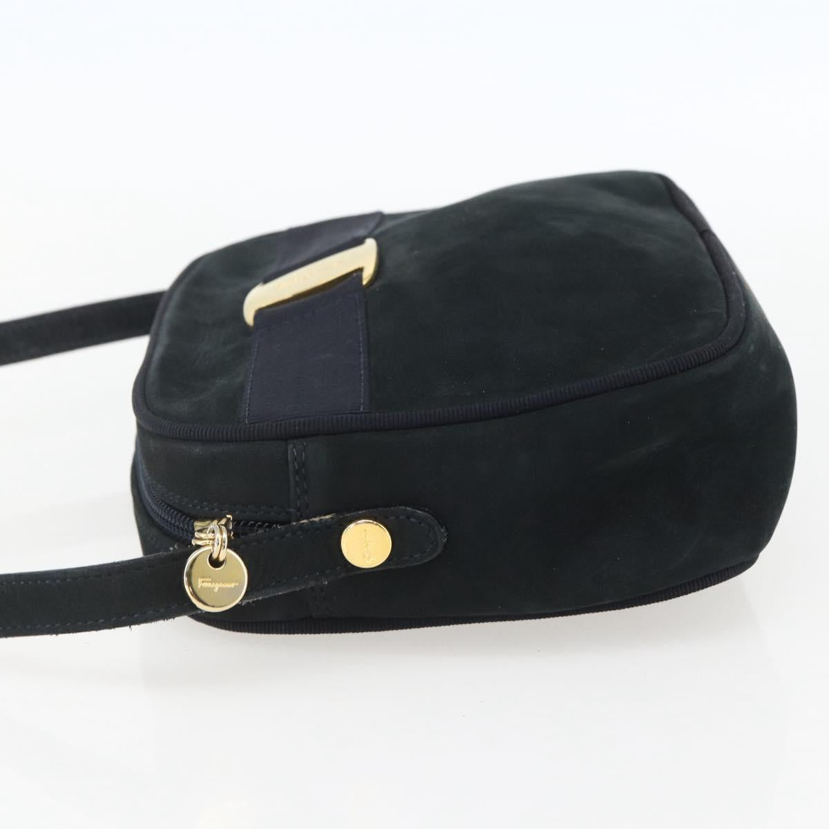 Salvatore Ferragamo Shoulder Bag Suede Navy Gold Auth 158402