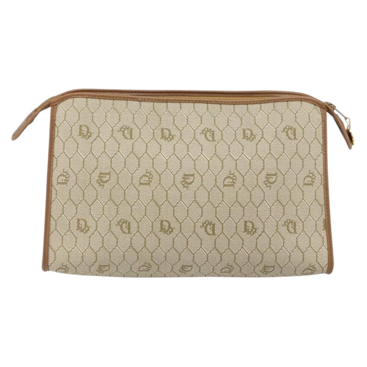 Christian Dior Honeycomb Canvas Clutch Bag PVC Beige Gold Auth 158403