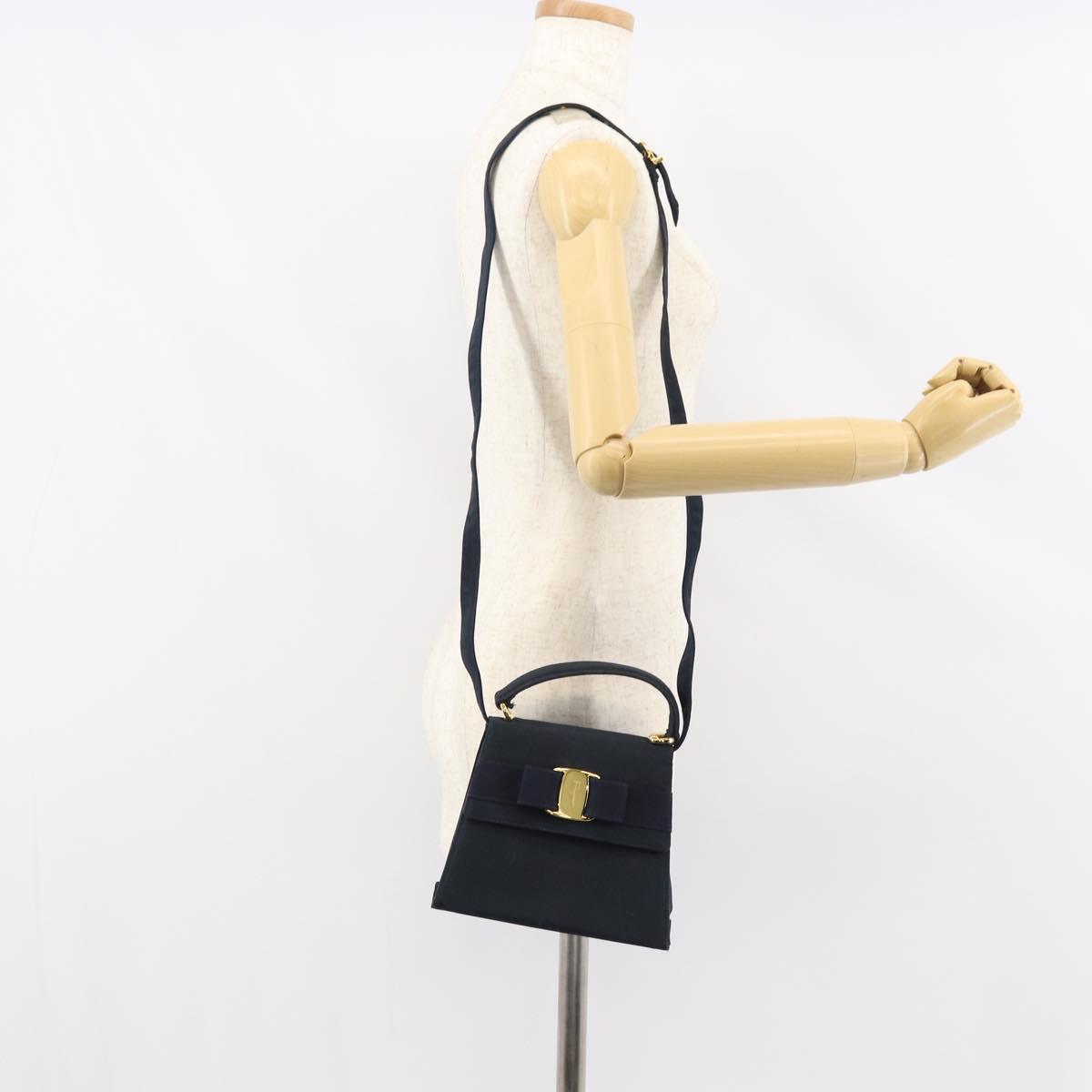 Salvatore Ferragamo Vala Hand Bag Canvas 2way Navy Gold Auth 158410