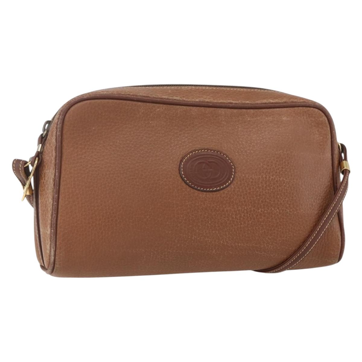 GUCCI Shoulder Bag Leather Brown Gold Auth 158413