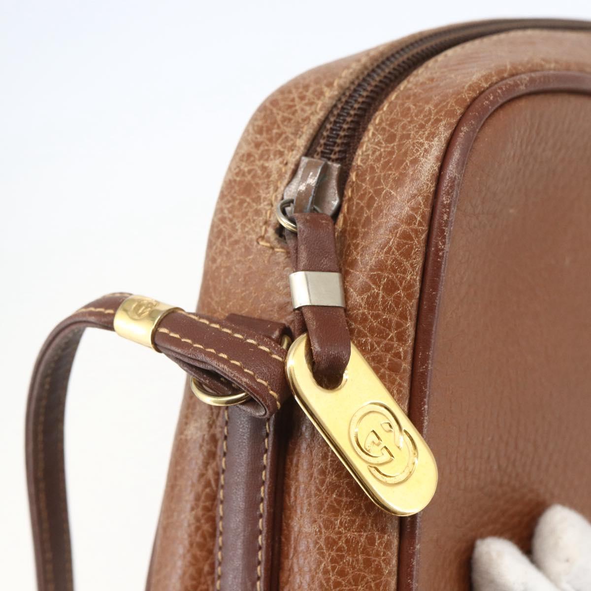 GUCCI Shoulder Bag Leather Brown Gold Auth 158413