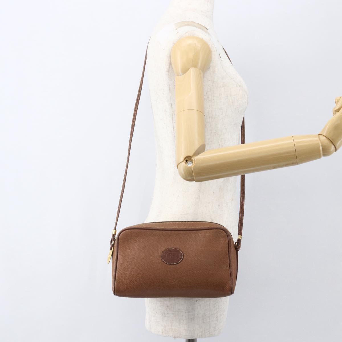 GUCCI Shoulder Bag Leather Brown Gold Auth 158413