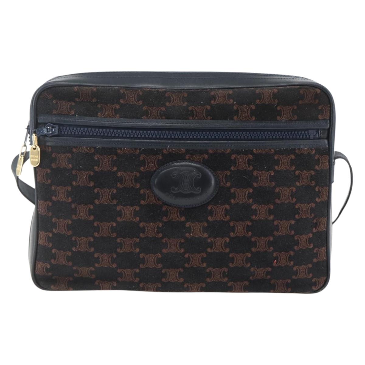 CELINE C Macadam Canvas Shoulder Bag Suede Navy Gold Auth 158416