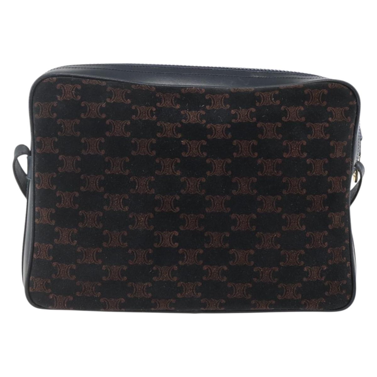 CELINE C Macadam Canvas Shoulder Bag Suede Navy Gold Auth 158416
