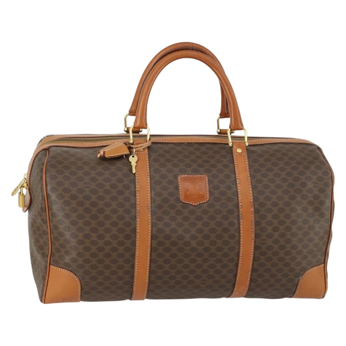 CELINE Macadam Canvas Boston Bag PVC Leather Brown Gold Auth 158425