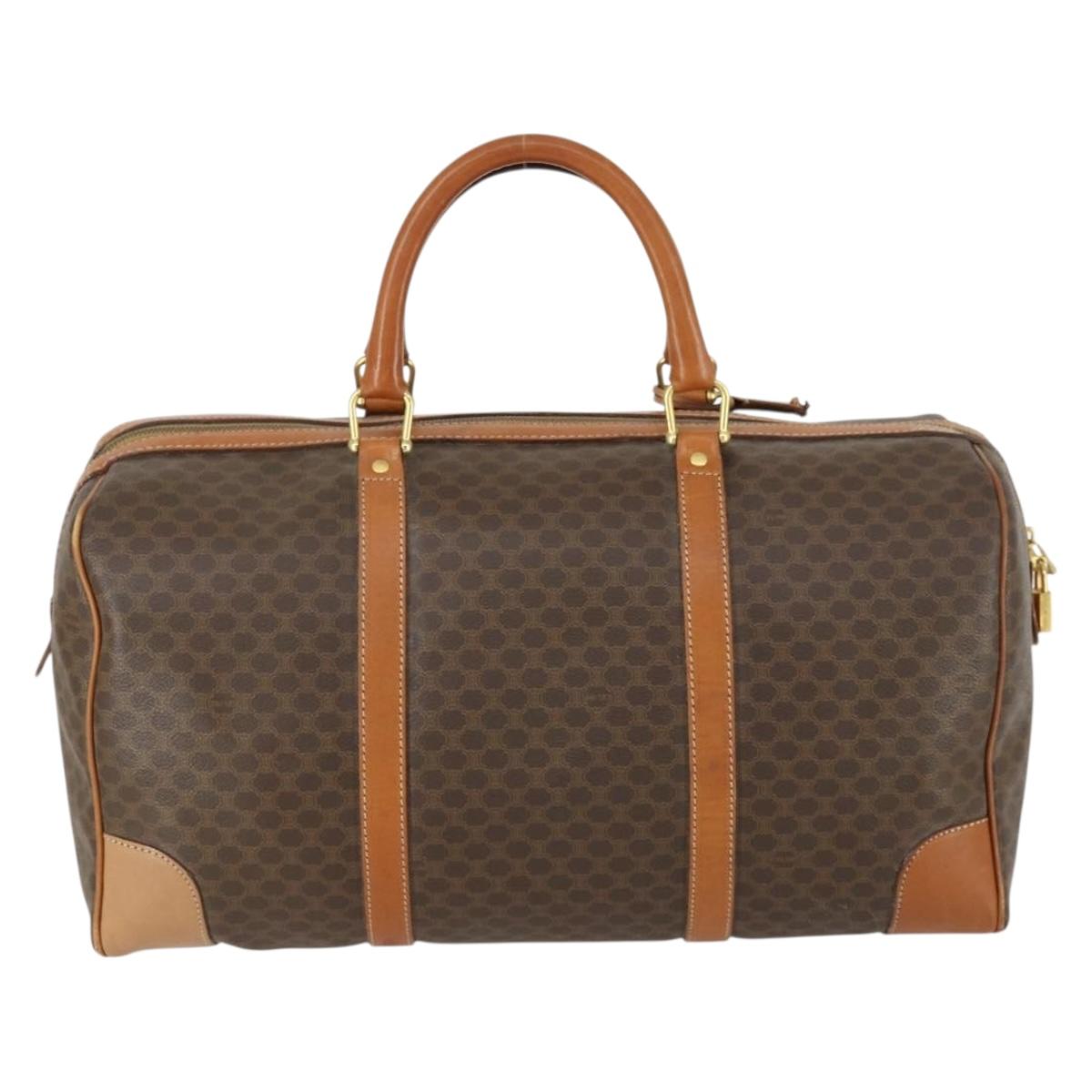 CELINE Macadam Canvas Boston Bag PVC Leather Brown Gold Auth 158425