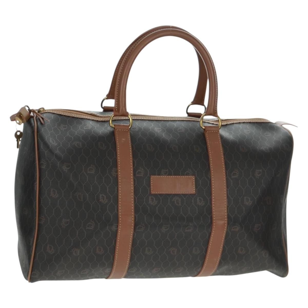 Christian Dior Honeycomb Canvas Boston Bag PVC Black Gold Auth 158426