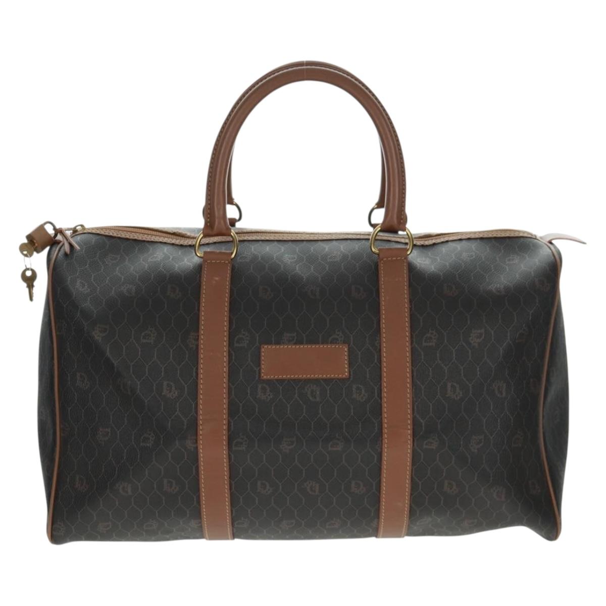 Christian Dior Honeycomb Canvas Boston Bag PVC Black Gold Auth 158426