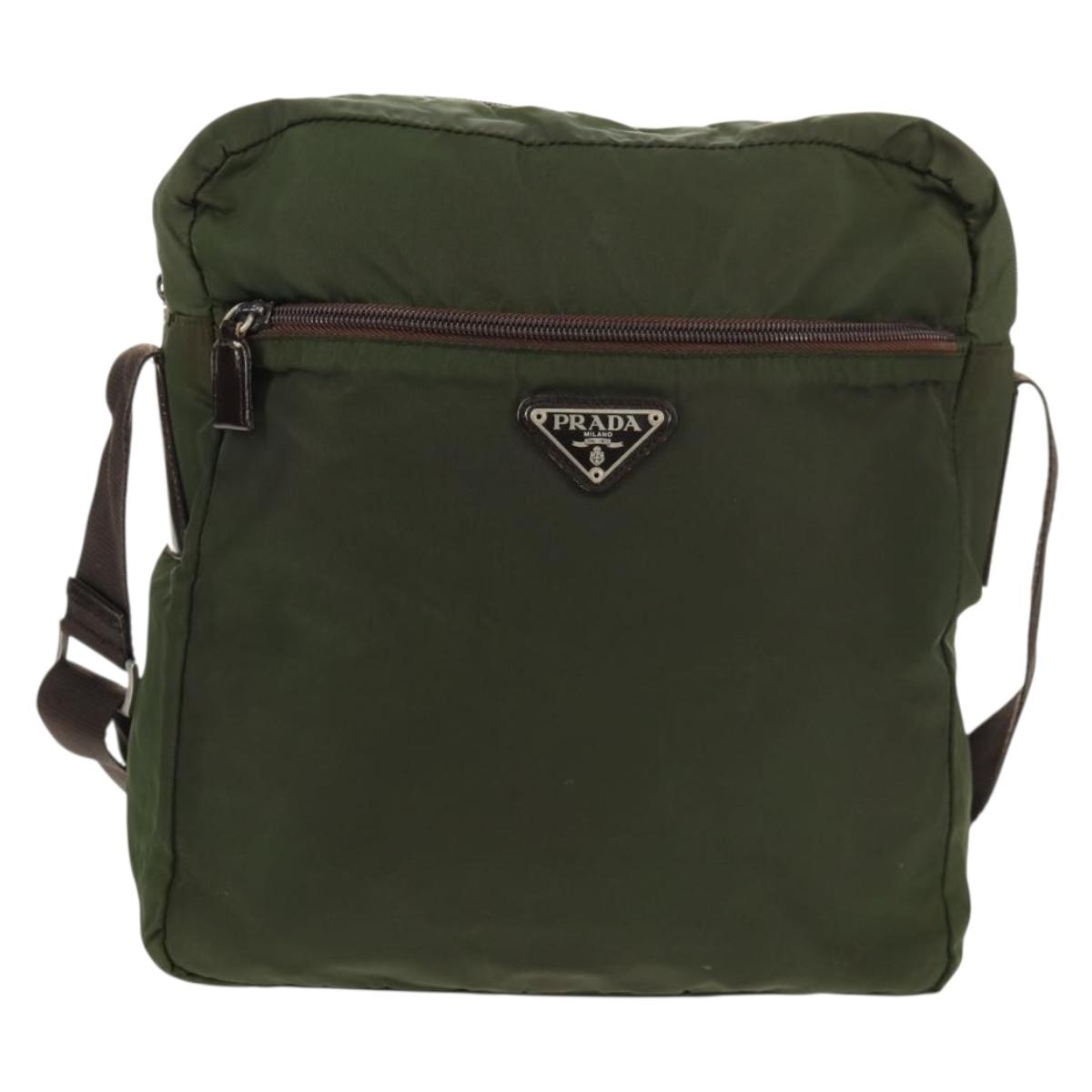 PRADA Shoulder Bag Nylon Khaki Silver Auth 158481