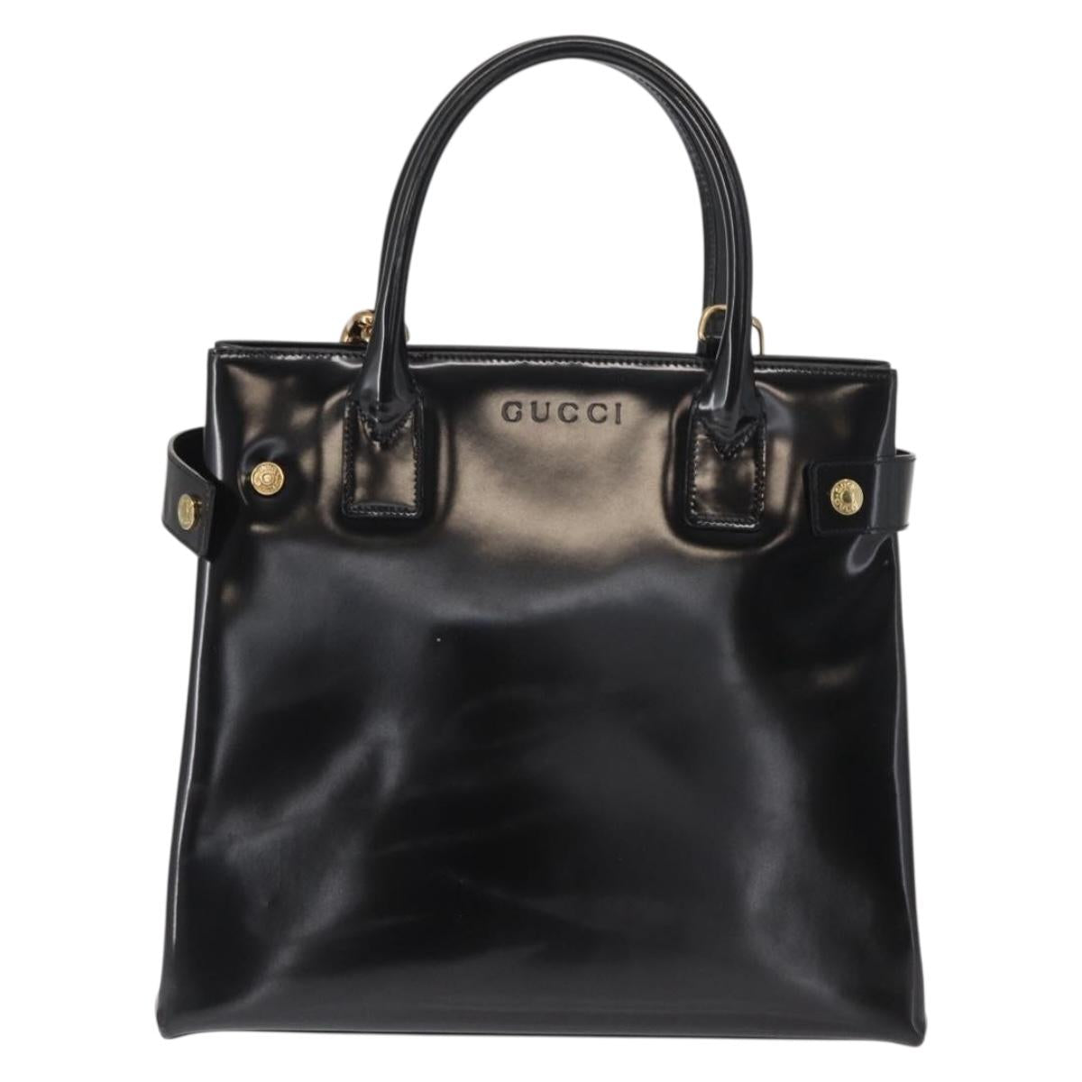 GUCCI Hand Bag Enamel 2way Black Gold Auth 158500