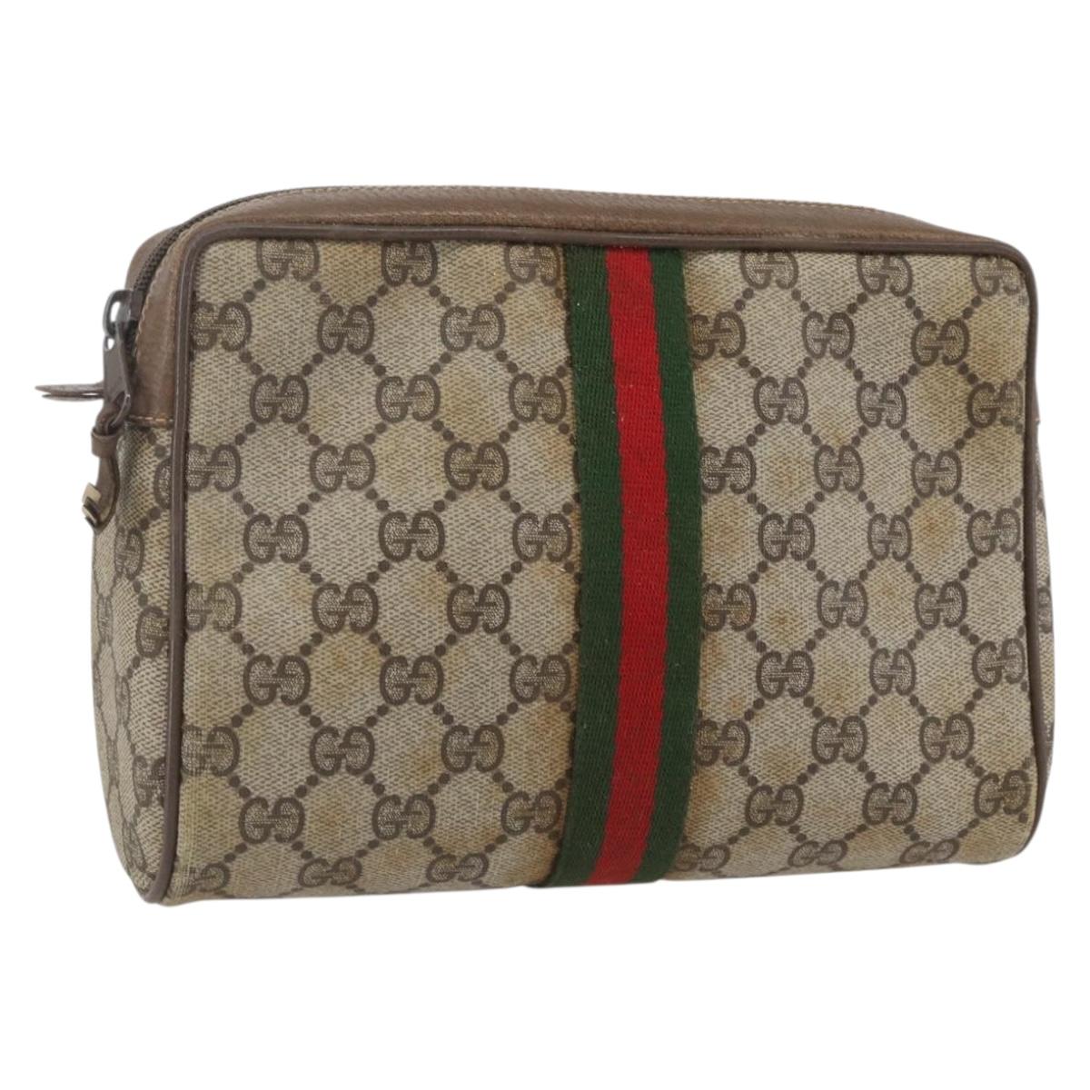 GUCCI GG Supreme Web Sherry Line Clutch Bag PVC Beige Gold 89 01 012 Auth 158514