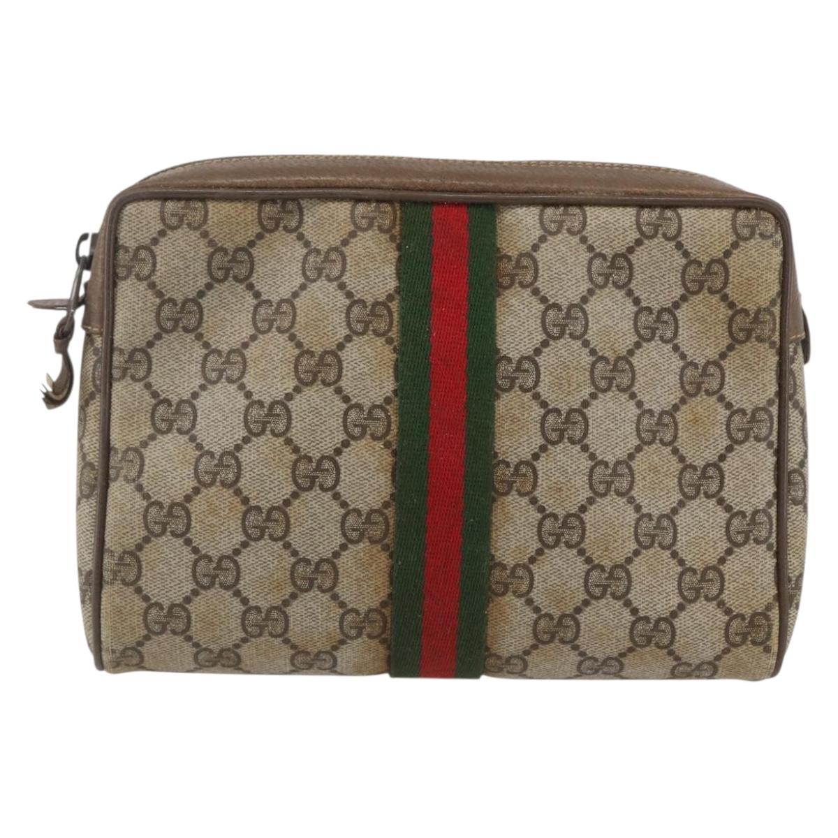 GUCCI GG Supreme Web Sherry Line Clutch Bag PVC Beige Gold 89 01 012 Auth 158514