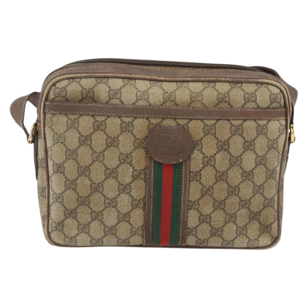GUCCI GG Supreme Web Sherry Line Shoulder Bag PVC Beige Gold Auth 158516